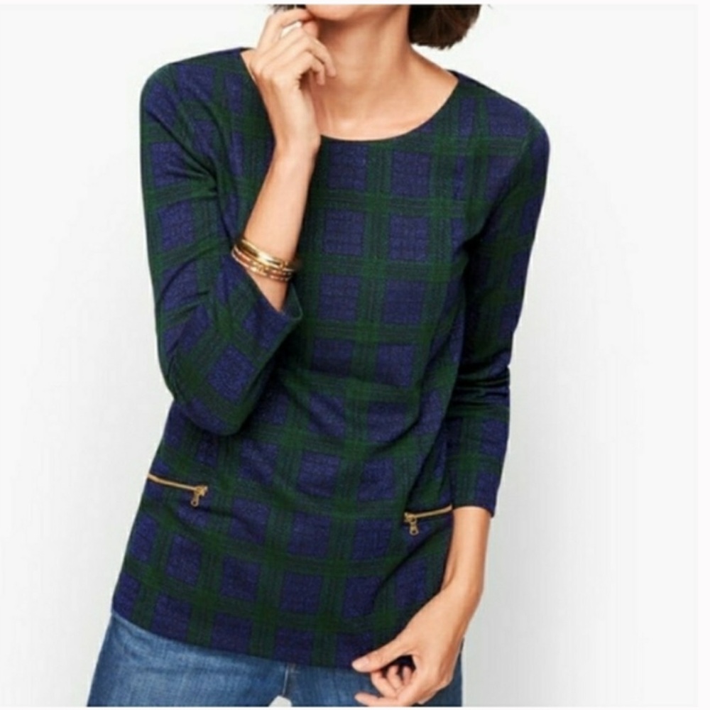 TALBOTS Blue Green Shimmer Plaid Knit Top Sz.P